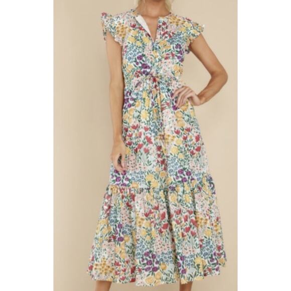 Olivia James The Label Delia Floral Midi Dress Lined Ruffle Size M